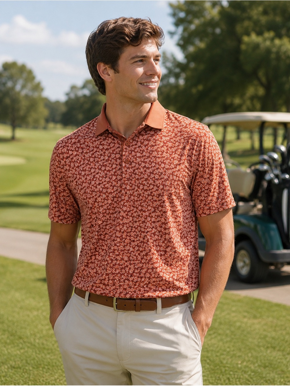 Walter Hagen Performance 11 Dogwood
Ditsy Floral Orange Golf Polo Shirt NWT